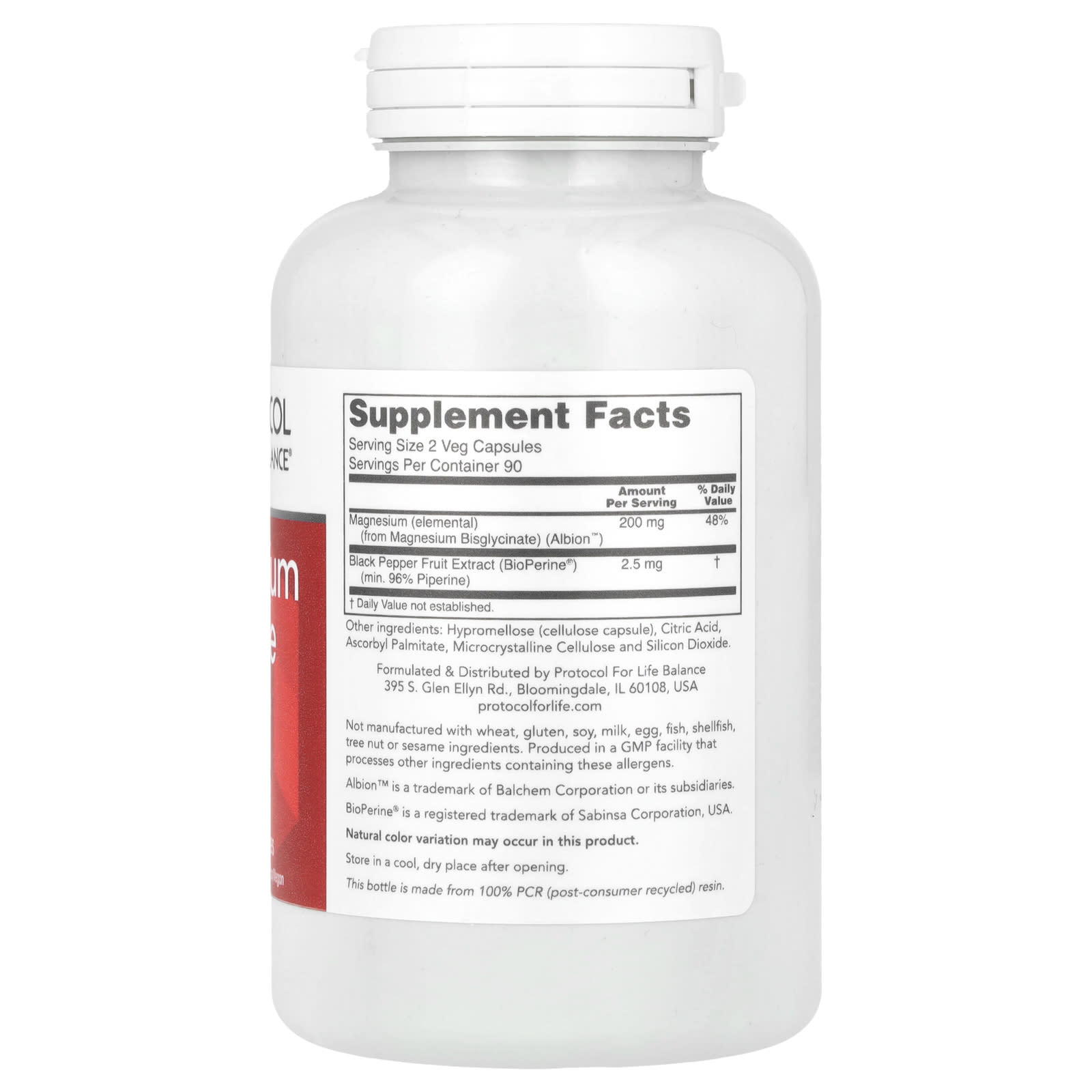Protocol for Life Balance, Magnesium Glycinate, High Absorption, 180 Veg Capsules - Image 2