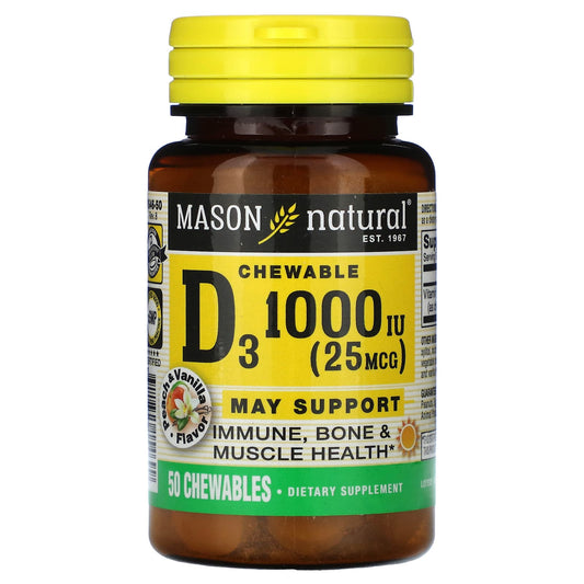 Mason Natural, Vitamin D3, Peach & Vanilla, 25 mcg (1,000 IU), 50 Chewables - Image 1
