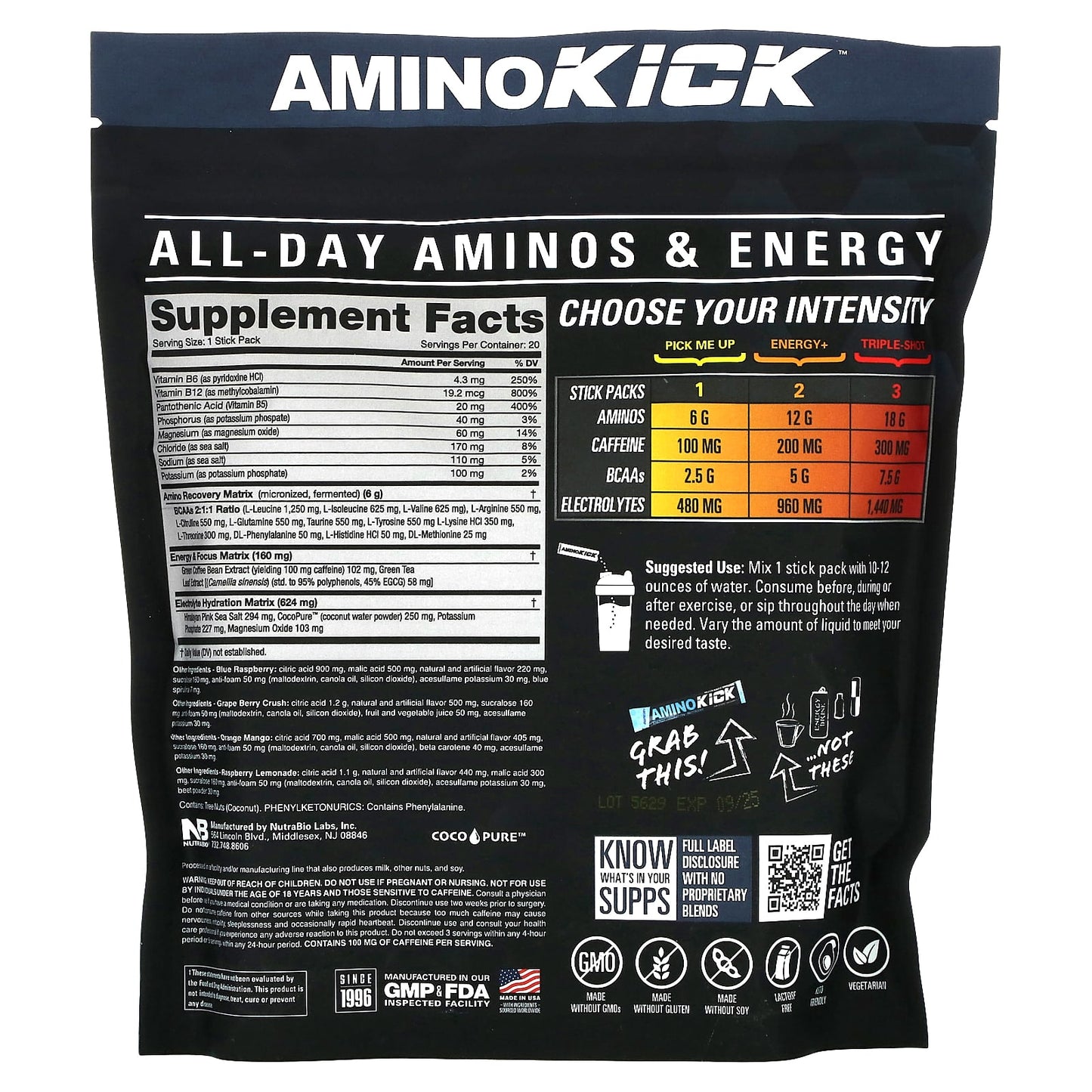 NutraBio, Amino Kick, Variety Pack, 20 Sticks, 0.32 oz (9 g) Each - Image 2