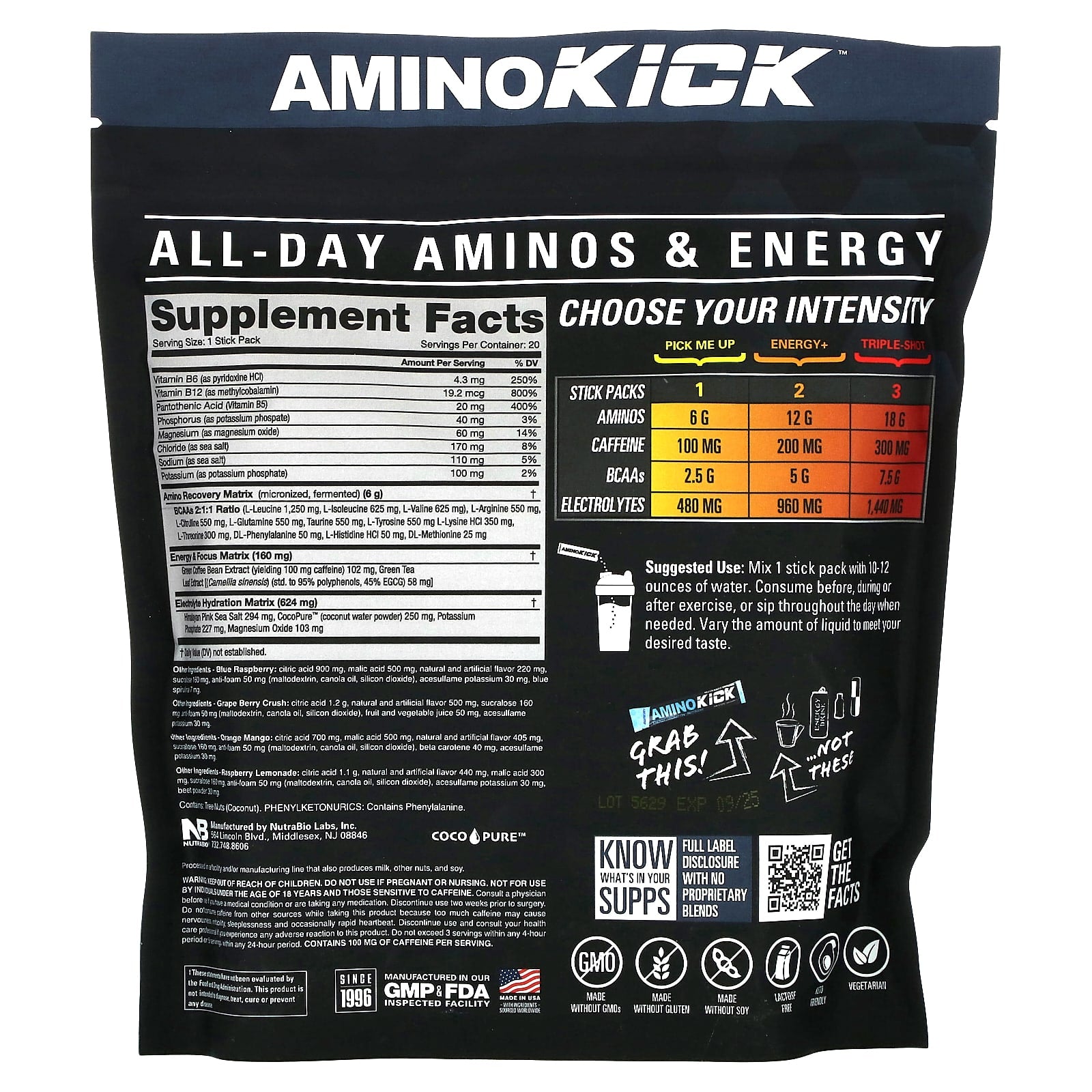 NutraBio, Amino Kick, Variety Pack, 20 Sticks, 0.32 oz (9 g) Each - Image 2