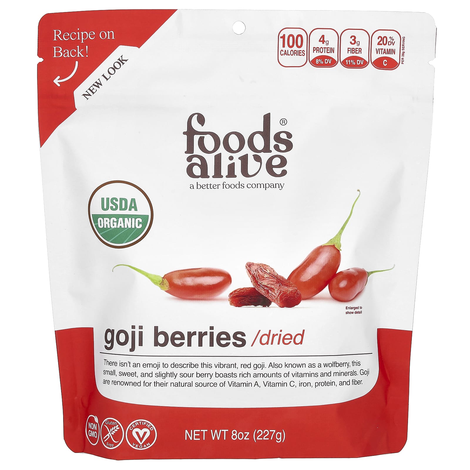 Certified Organic Goji Berries, High in Vitamins A & C, 8 oz - Image 1
