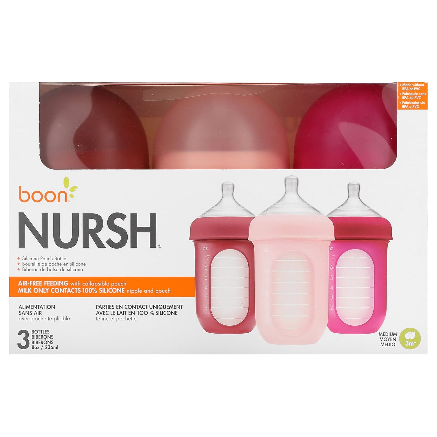 Boon Nursh Silicone Pouch Bottles 3m+, 3 Pack, 8 oz Each - Image 1
