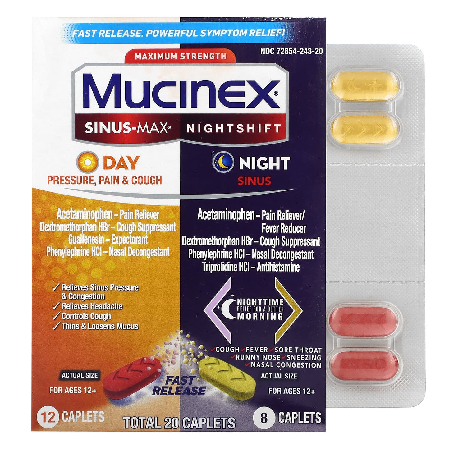 Mucinex, Sinus-Max Day and Nightshift Night Sinus, Maximum Strength, For Ages 12+, 2 Bottles, 20 Caplets - Image 1