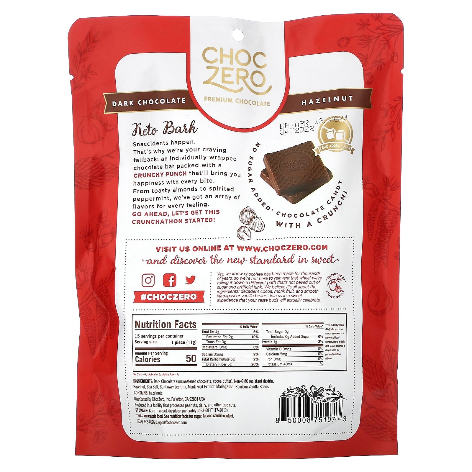 ChocZero, Keto Bark, Dark Chocolate With Sea Salt, Hazelnut, 15 Mini Packs, 6 oz (170 g)