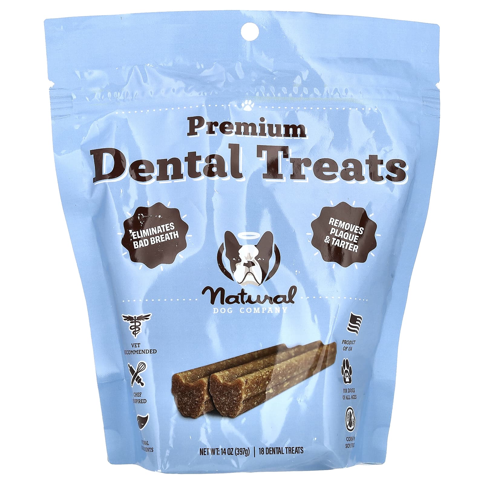 Natural Dog Company, Premium Dental Treats, For Dogs, All Ages, 18 Dental Treats, 14 oz (397 ml) - Image 1
