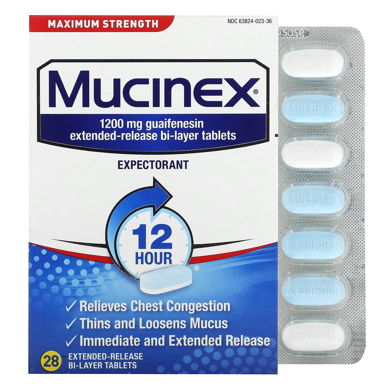 Mucinex, Expectorant, Maximum Strength, 1,200 mg, 28 Extended-Release Bi-Layer Tablets - Image 1
