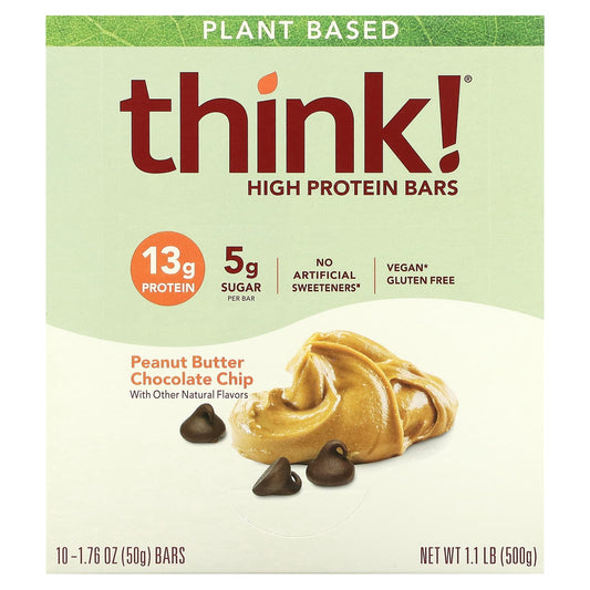 Think !, High Protein Bars, Peanut Butter Chocolate Chip, 10 Bars, 1.76 oz (50 g) Each - Image 1