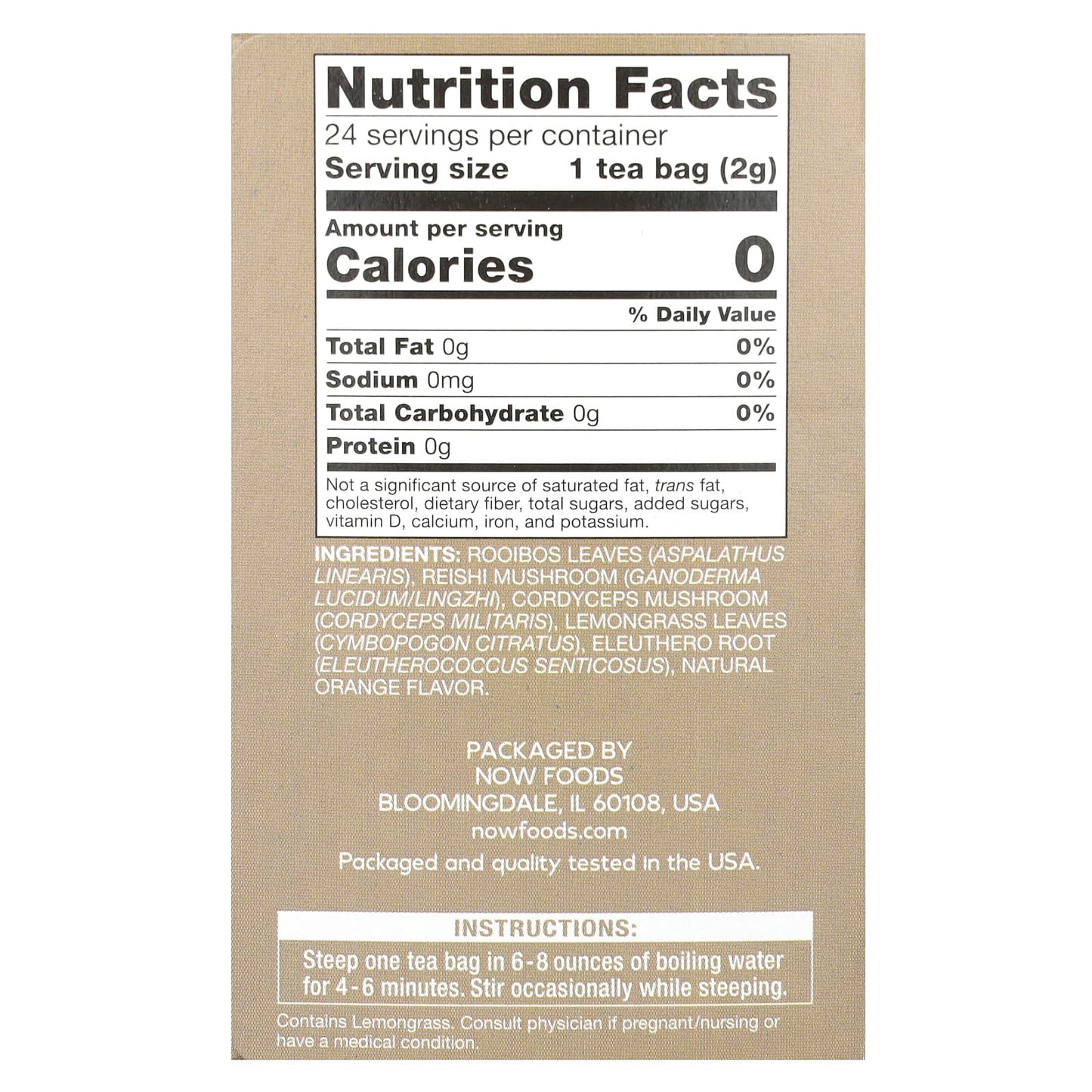 NOW Foods, Rooibos Reishi Mushroom Tea, Caffeine Free, 24 Tea Bags, 1.7 oz (48 g) - Image 2