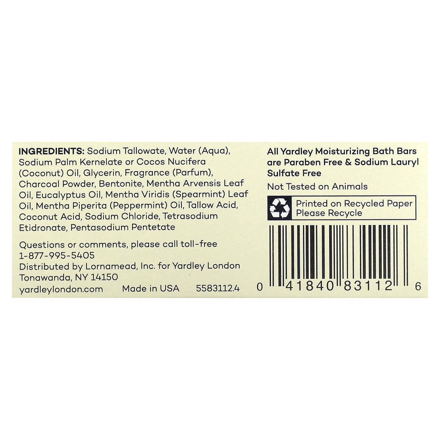 Yardley London, Moisturizing Bath Bar, Activated Charcoal, 4 oz (113 g) - Image 2