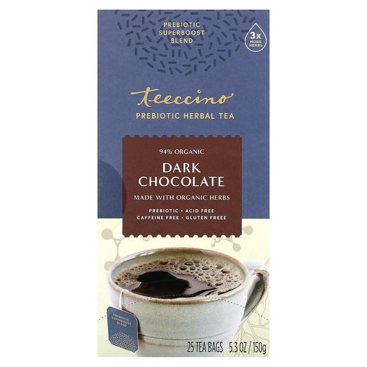 Teeccino, Prebiotic Herbal Tea, Dark Chocolate, Caffeine Free, 25 Tea Bags, 5.3 oz (150 g) - Image 1