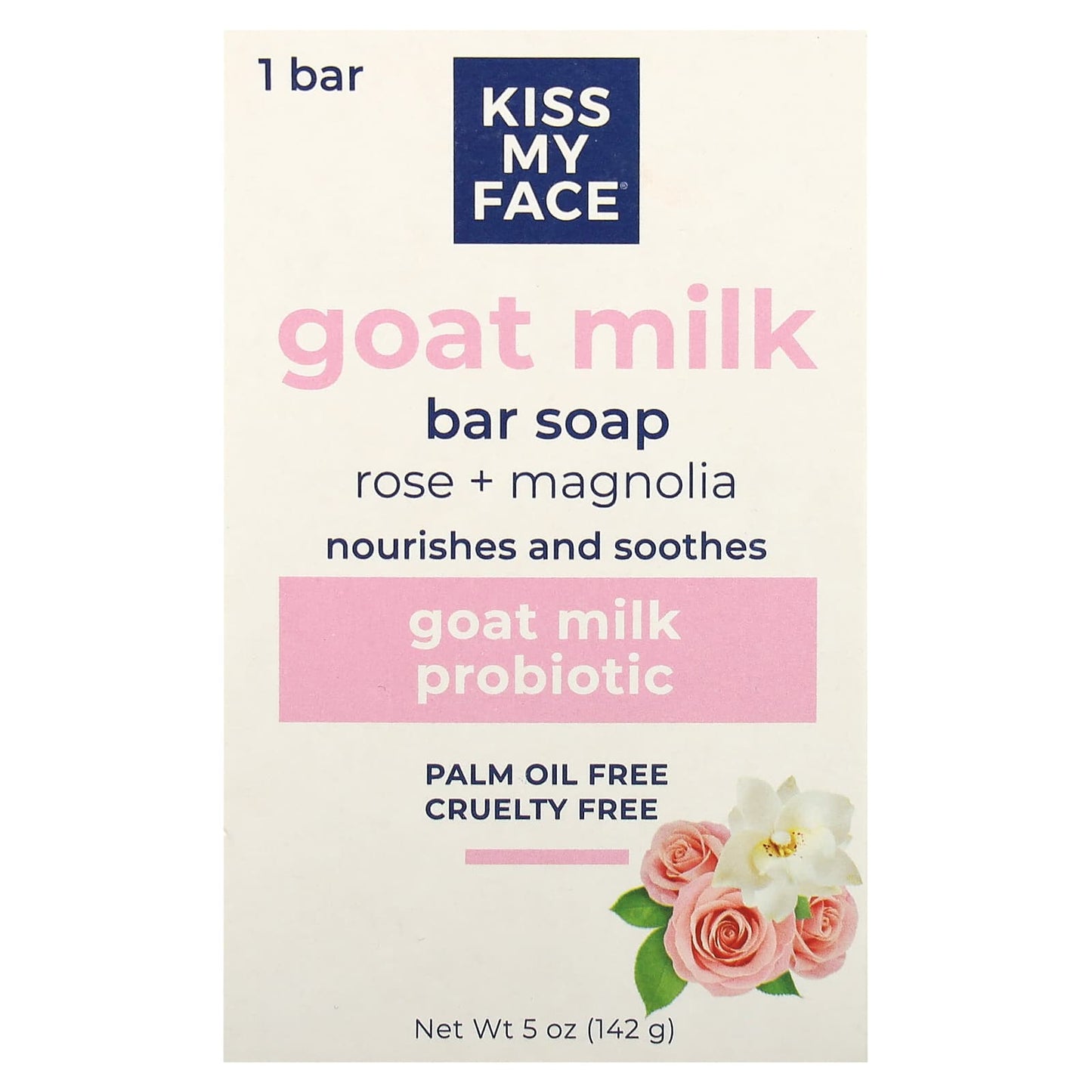 Kiss My Face, Goat Milk Bar Soap, Rose + Magnolia, 5 oz (142 g) - Image 1