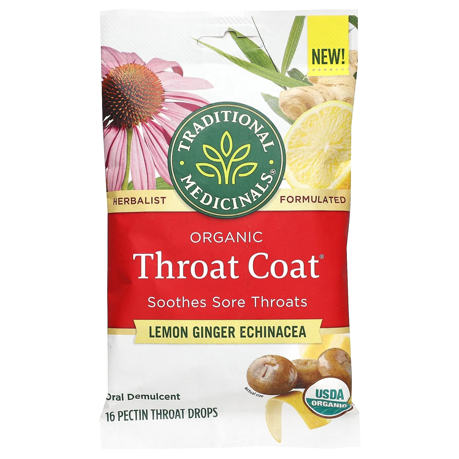 Traditional Medicinals, Organic Throat Coat® Drops, Lemon Ginger Echinacea, 16 Pectin Throat Drops - Image 1