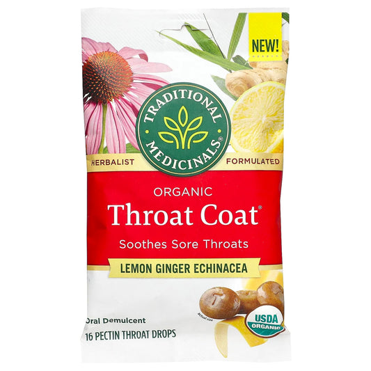 Traditional Medicinals, Organic Throat Coat® Drops, Lemon Ginger Echinacea, 16 Pectin Throat Drops - Image 1