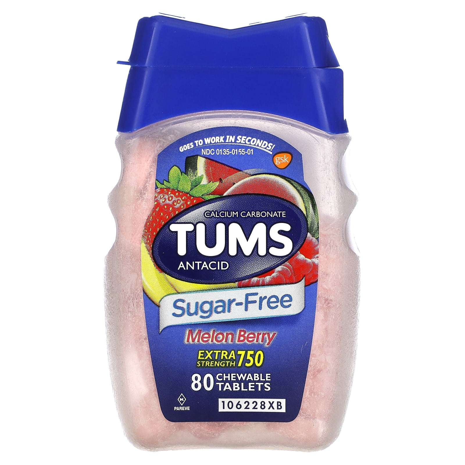 Tums, Extra Strength Antacid, Melon Berry, 750 mg, 80 Chewable Tablets - Image 1