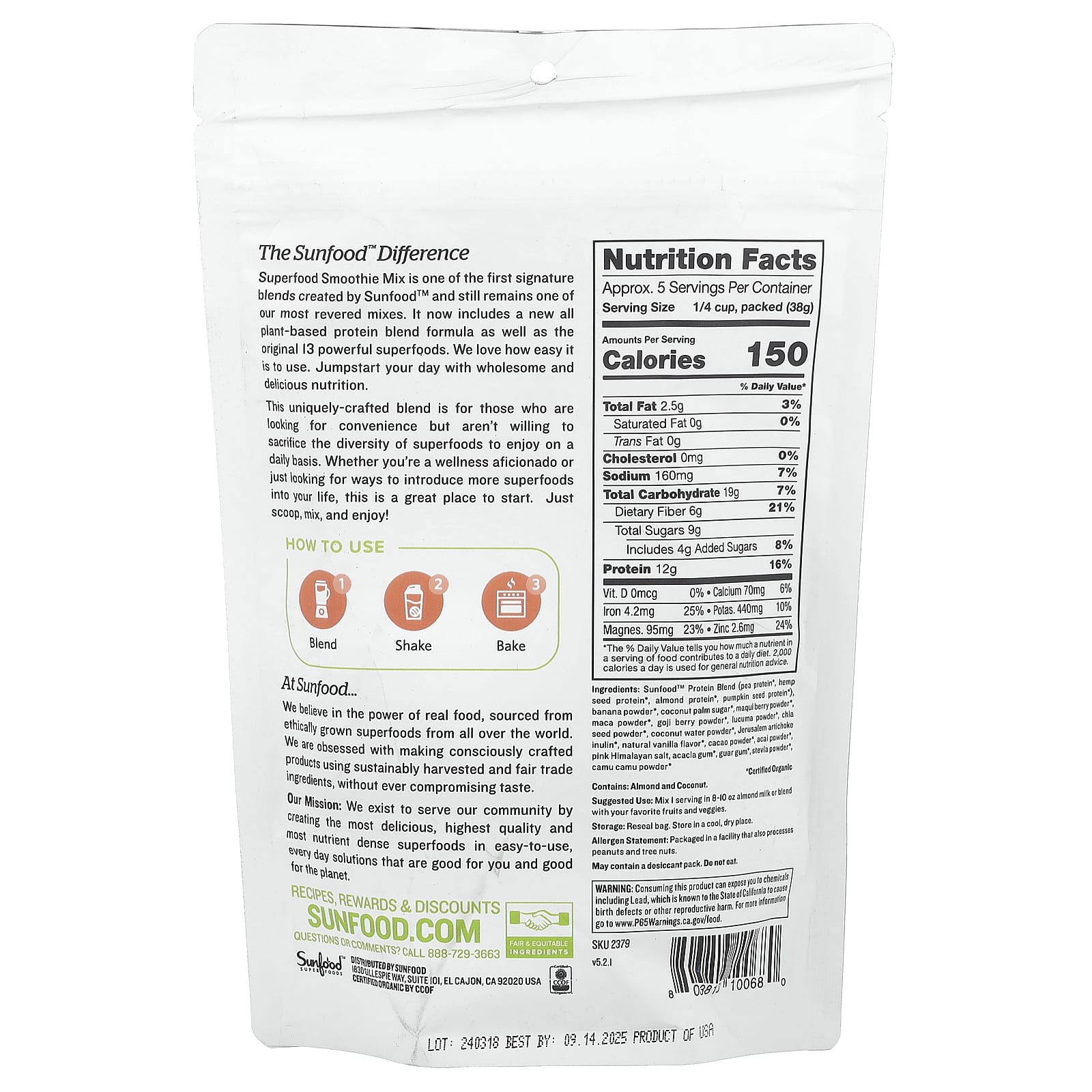 Sunfood, Organic Superfood Smoothie Mix, Original , 8 oz (227 g) - Image 2