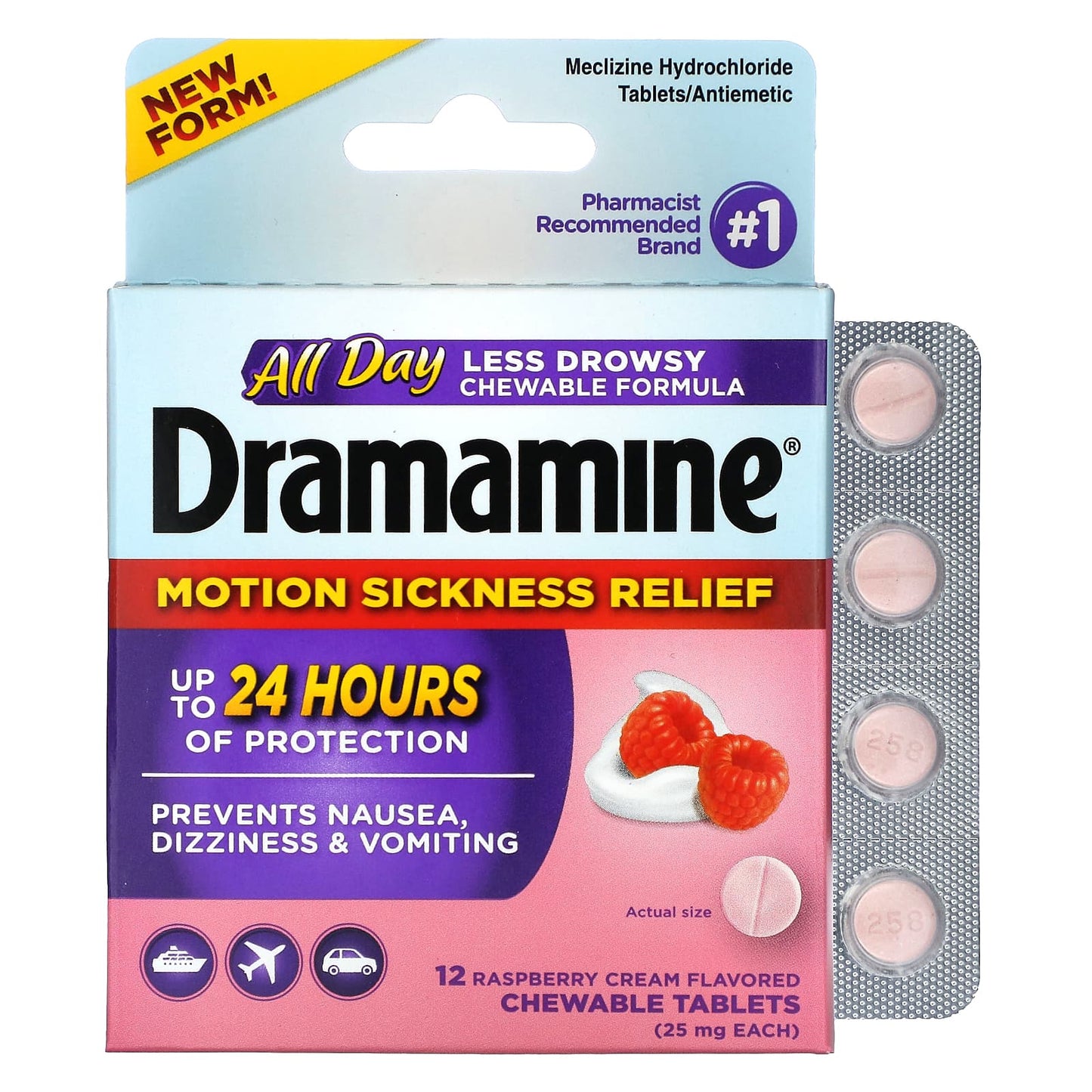 Raspberry Cream Dramamine Motion Sickness Relief 12 Tablets - Image 1