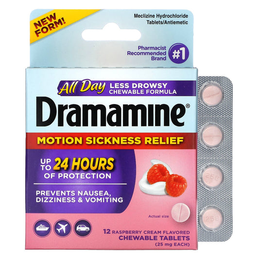 Raspberry Cream Dramamine Motion Sickness Relief 12 Tablets - Image 1