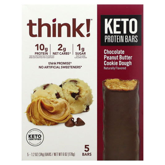 Think !, Keto Protein Bars, Chocolate Peanut Butter Cookie Dough, 5 Bars, 1.2 oz (34 g) Each - Image 1