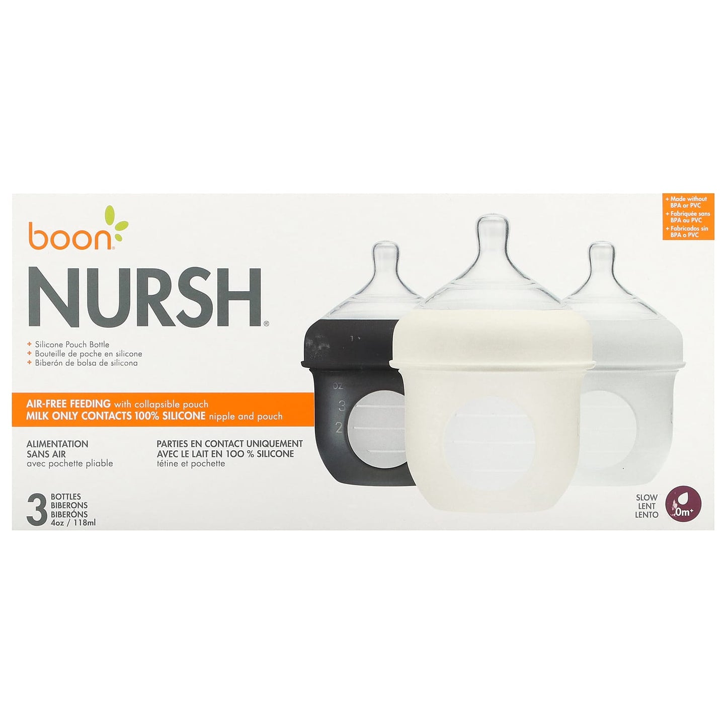 Boon Silicone Pouch Bottles, 3 Pack, 4 oz Each, Air-Free Feeding - Image 1