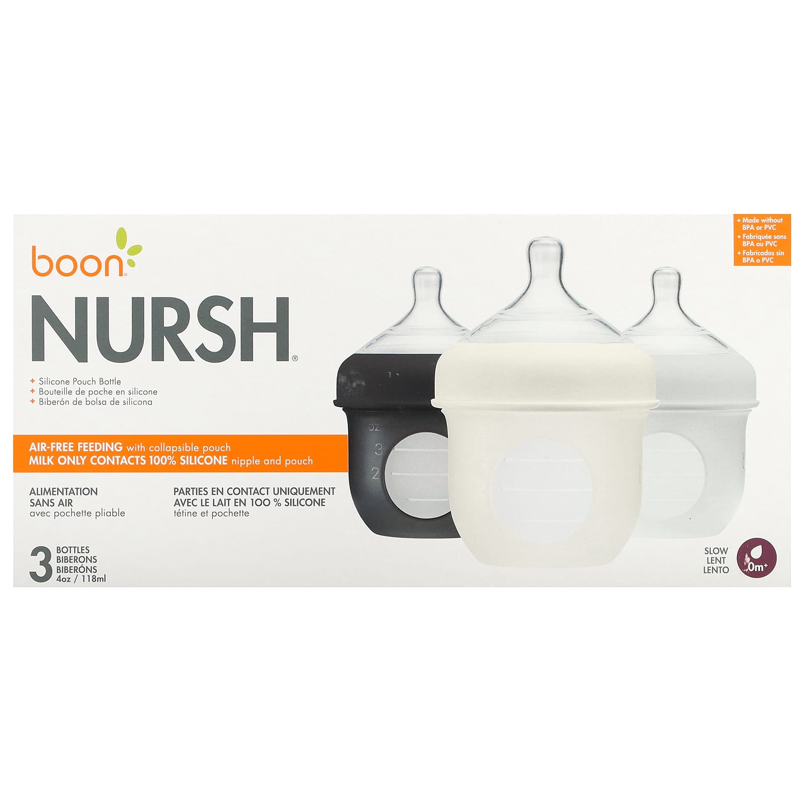 Boon Silicone Pouch Bottles, 3 Pack, 4 oz Each, Air-Free Feeding - Image 1