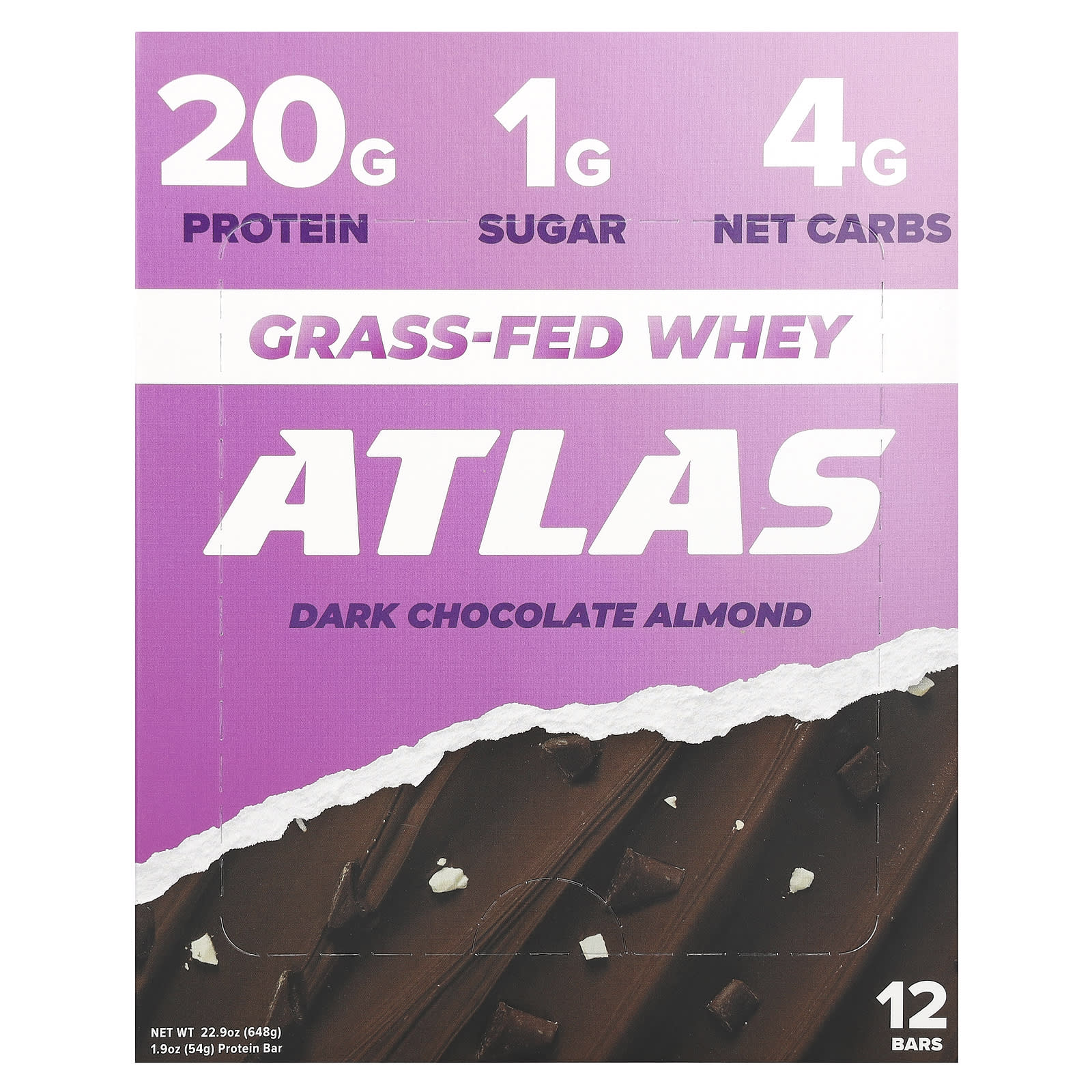 Grass-Fed Whey Protein Bar by Atlas Bar, Dark Chocolate Almond - Image 1