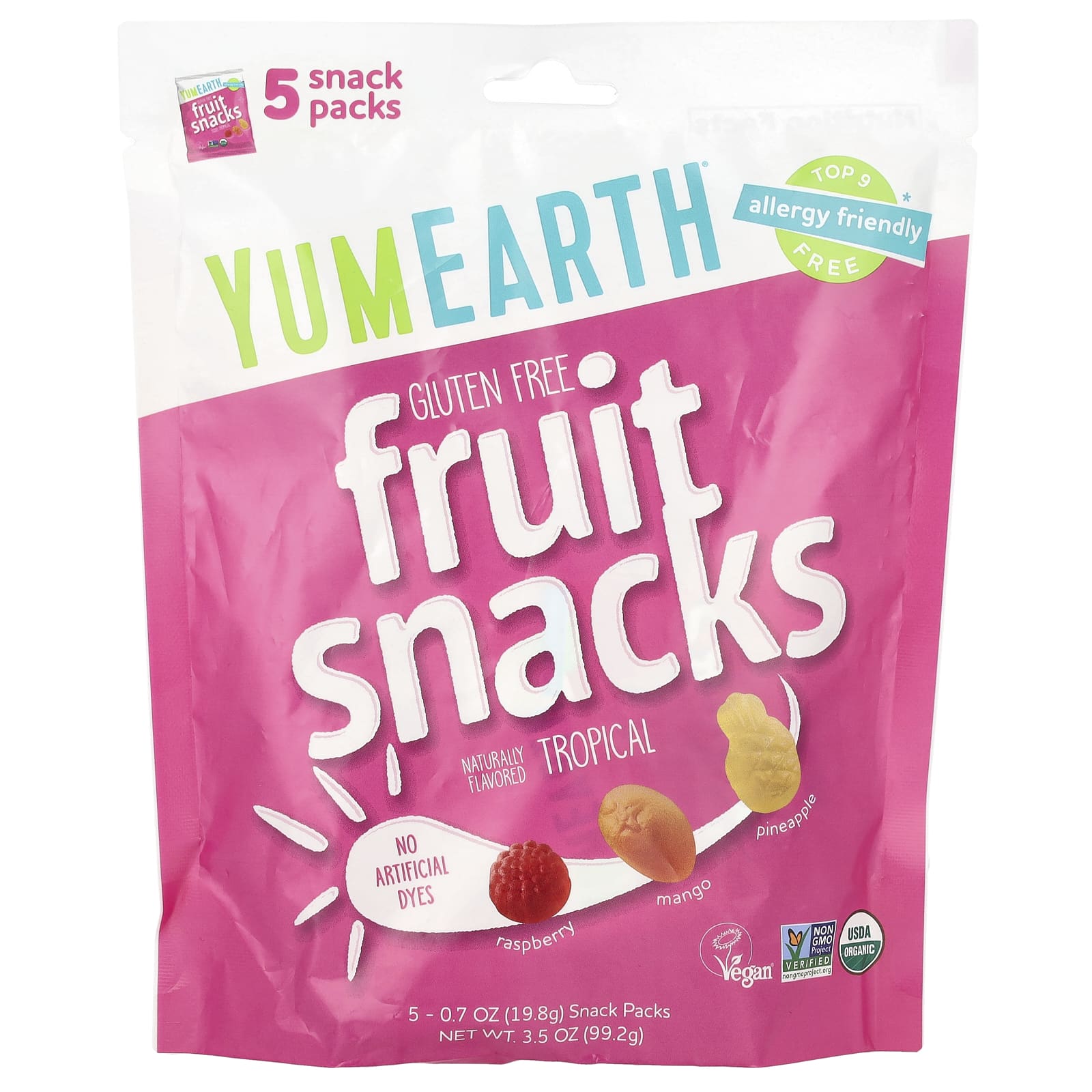 YumEarth, Gluten Free Fruit Snacks, Tropical, 5 Snack Packs, 0.7 oz (19.8 g) Each - Image 1