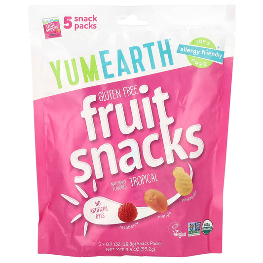 YumEarth, Gluten Free Fruit Snacks, Tropical, 5 Snack Packs, 0.7 oz (19.8 g) Each - Image 1