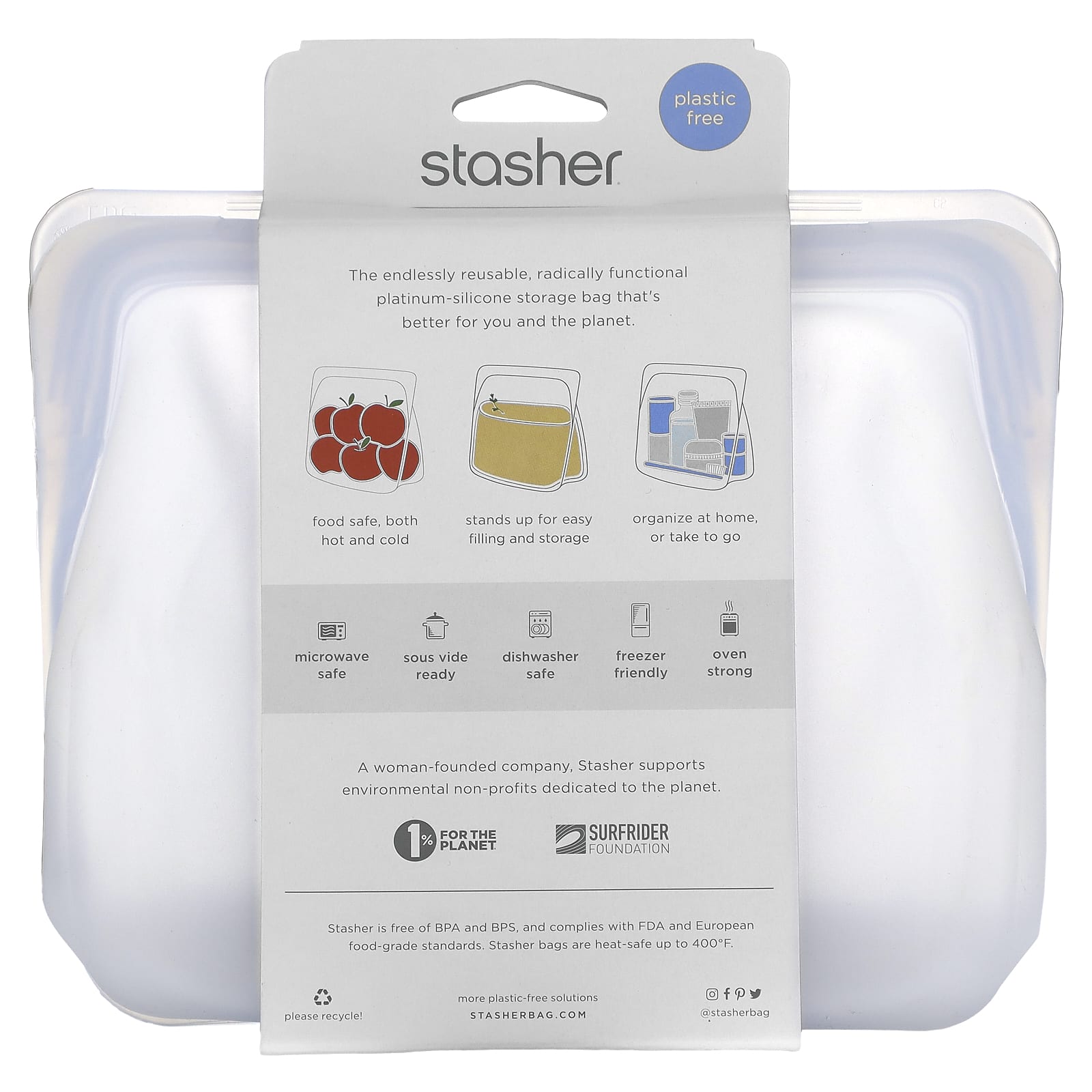 Stasher, Reusable Silicone Food Bag, Stand Up Mid, Clear, 56 fl oz (1,650 ml) - Image 2