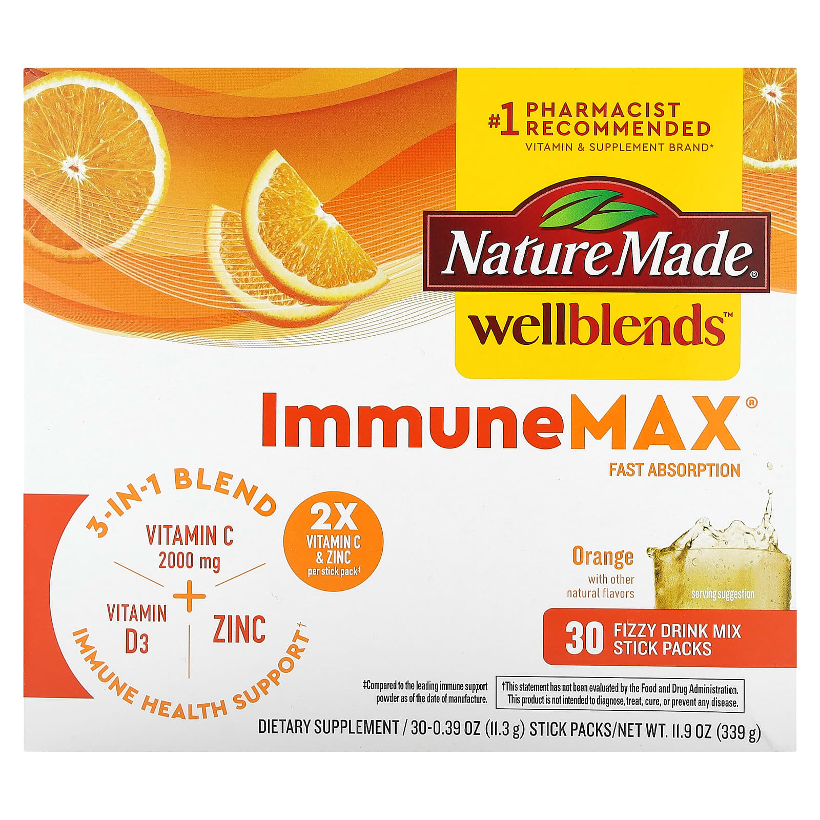 Nature Made, Wellblends, ImmuneMax, Orange, 30 Stick Packs, 0.39 oz (11.3 g) Each - Image 1