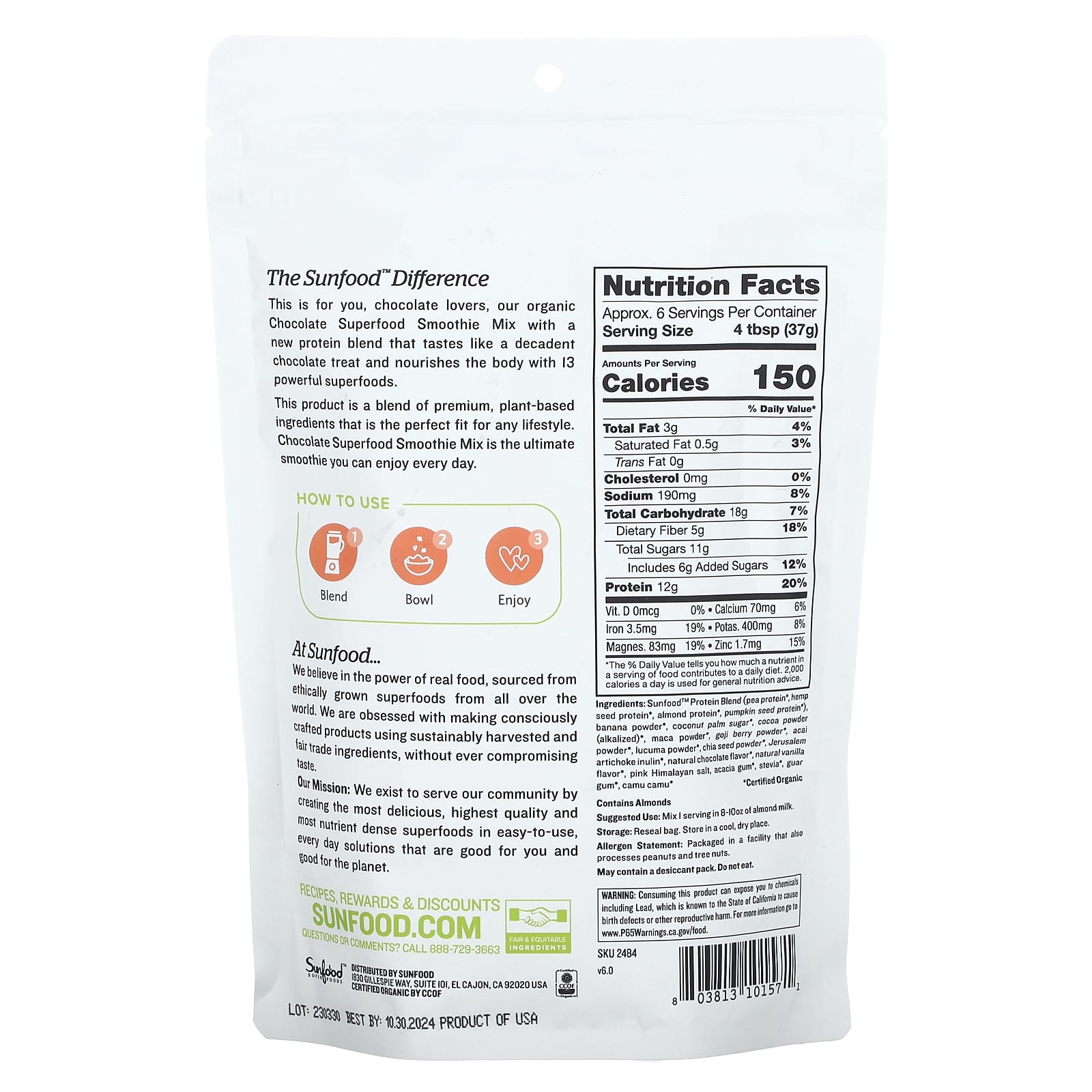 Sunfood, Organic Superfood Smoothie Mix, Chocolate, 8 oz (227 g) - Image 2