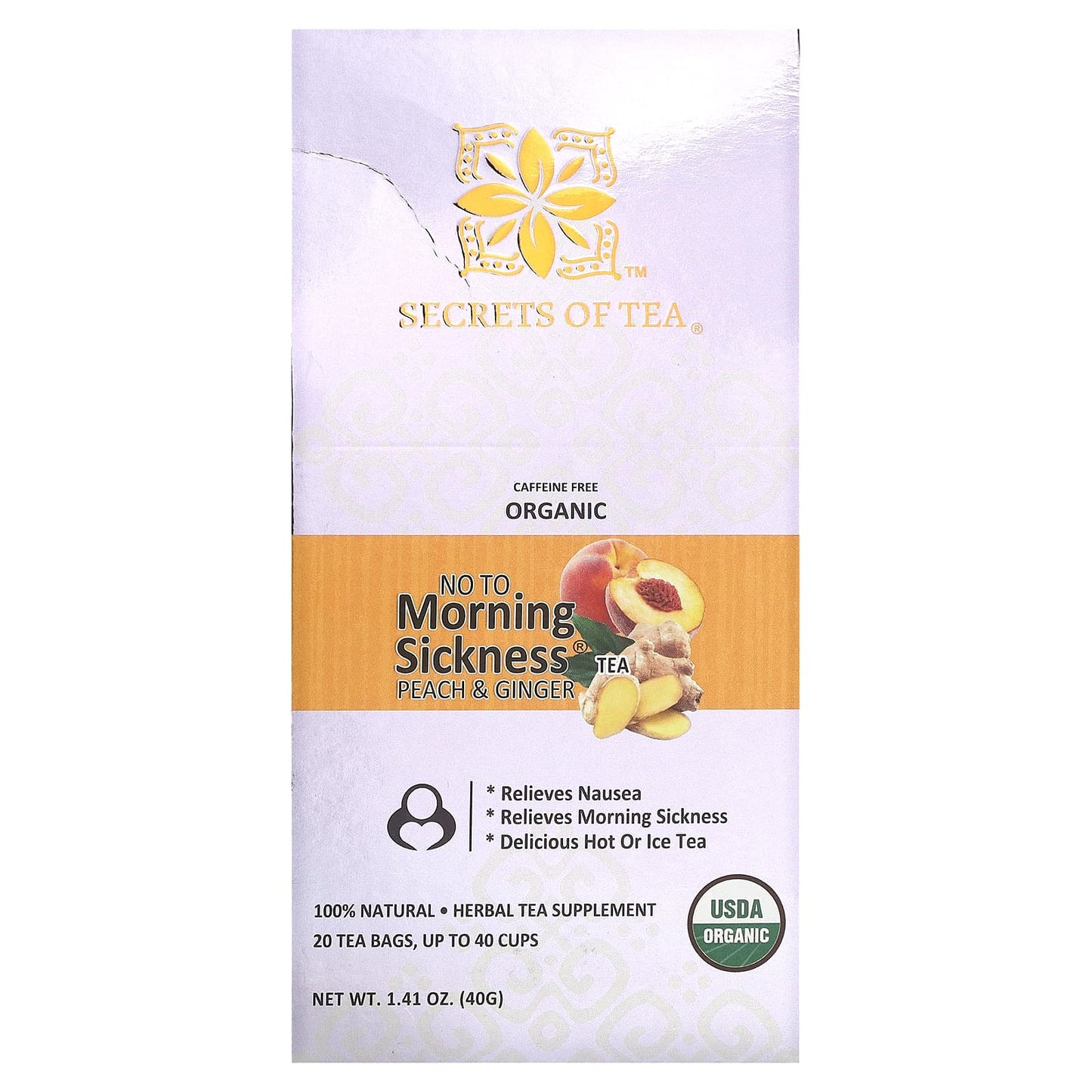 Secrets of Tea, Organic No To Morning Sickness Tea, Caffeine Free, Peach & Ginger, 20 Tea Bags, 1.41 oz (40 g) - Image 1