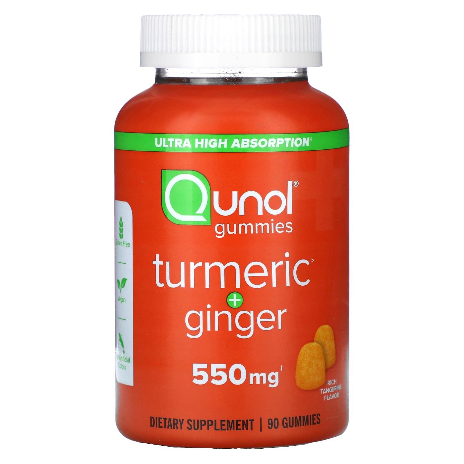 Qunol, Turmeric + Ginger, Rich Tangerine, 550 mg, 90 Gummies (275 mg per Gummy) - Image 1