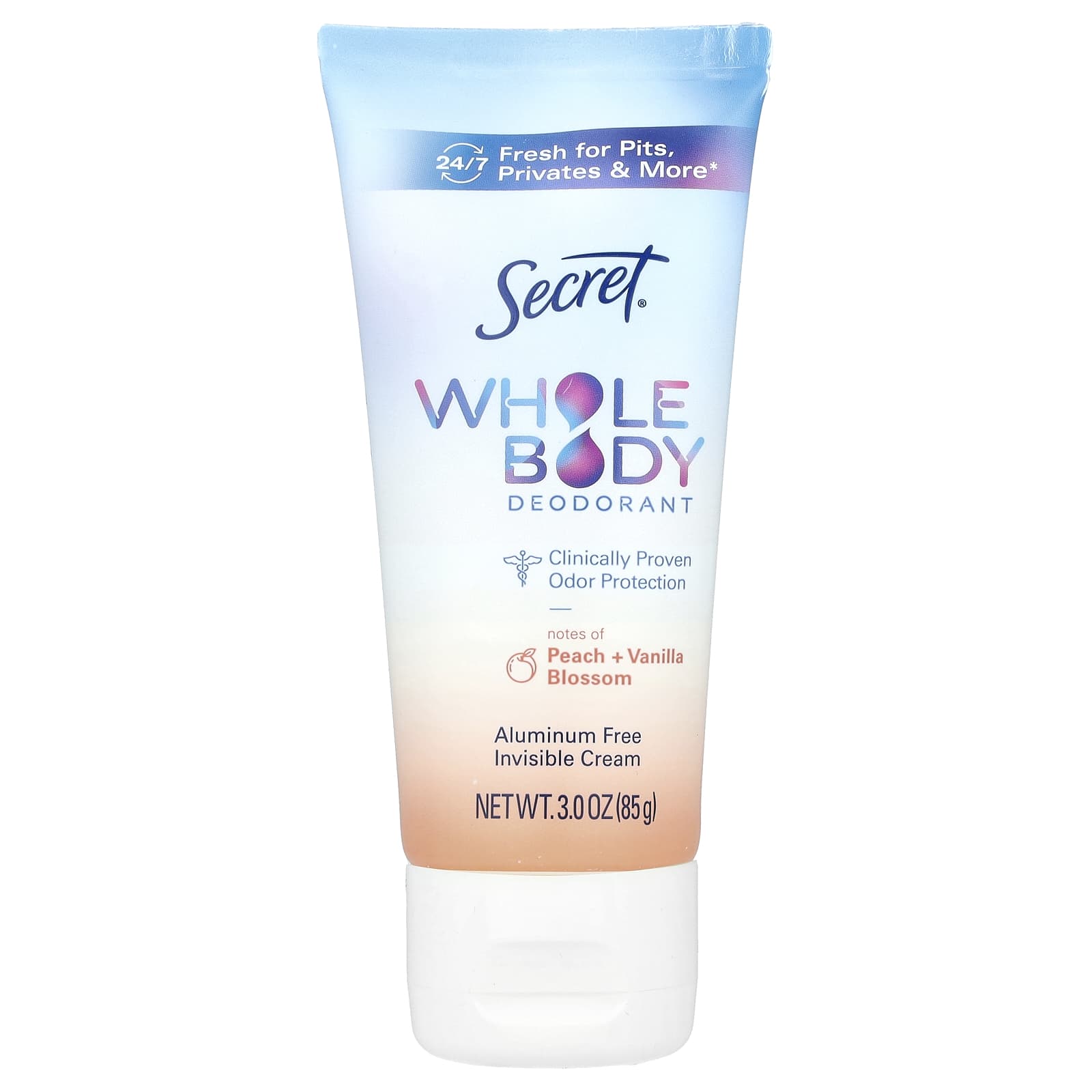 Secret, Whole Body Deodorant, Aluminum Free Invisible Cream, Peach + Vanilla Blossom, 3 oz (85 g) - Image 1
