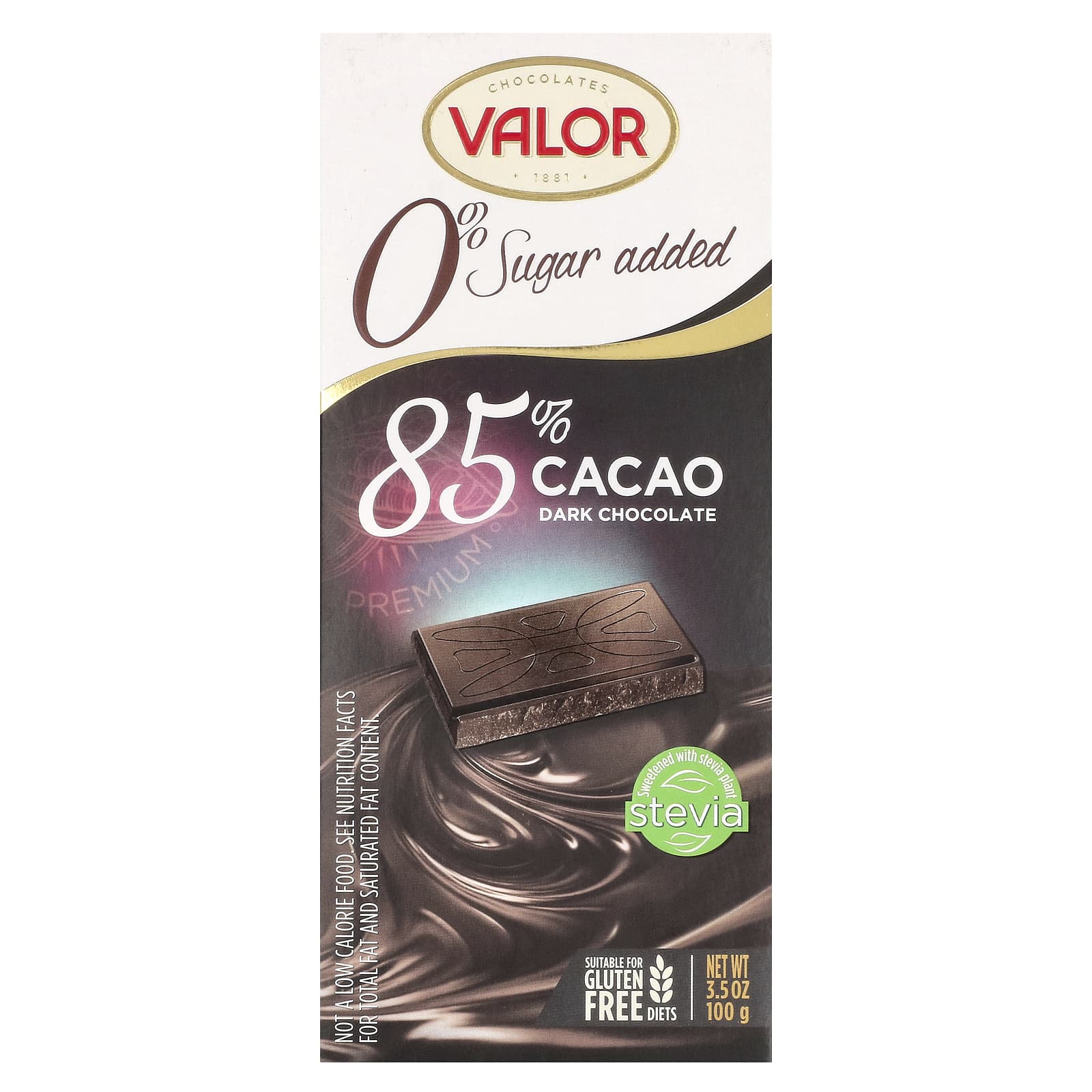 Valor, 0% Sugar Added, Dark Chocolate, 85% Cacao, 3.5 oz (100 g) - Image 1