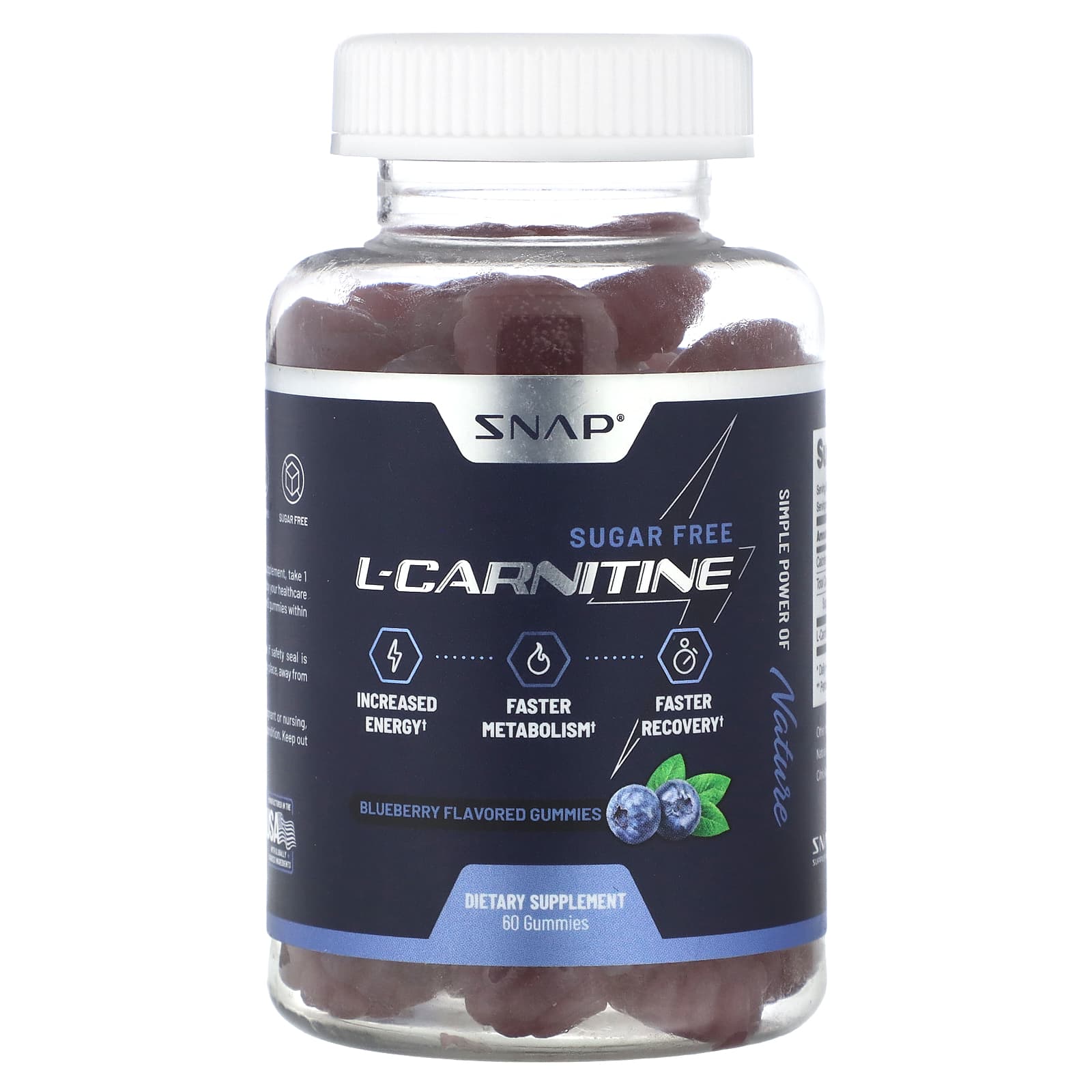 Snap Supplements, L-Carnitine Gummies, Sugar Free, Blueberry, 60 Gummies (250 mg per Gummy)