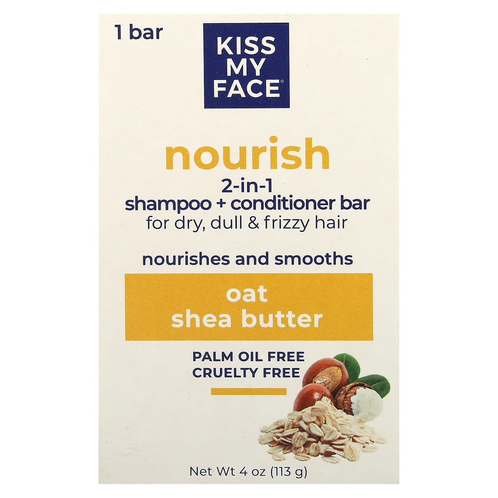Kiss My Face, Nourish 2-in-1 Shampoo + Conditioner Bar, For Dry, Dull & Frizzy Hair, Oat & Shea Butter, 1 Bar, 4 oz (113 g) - Image 1
