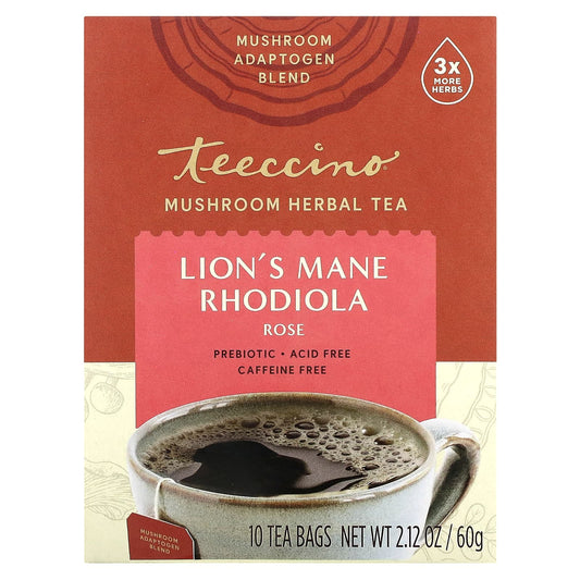 Teeccino, Mushroom Herbal Tea, Lion's Mane Rhodiola, Rose, Caffeine Free, 10 Tea Bags, 2.12 oz (60 g) - Image 1