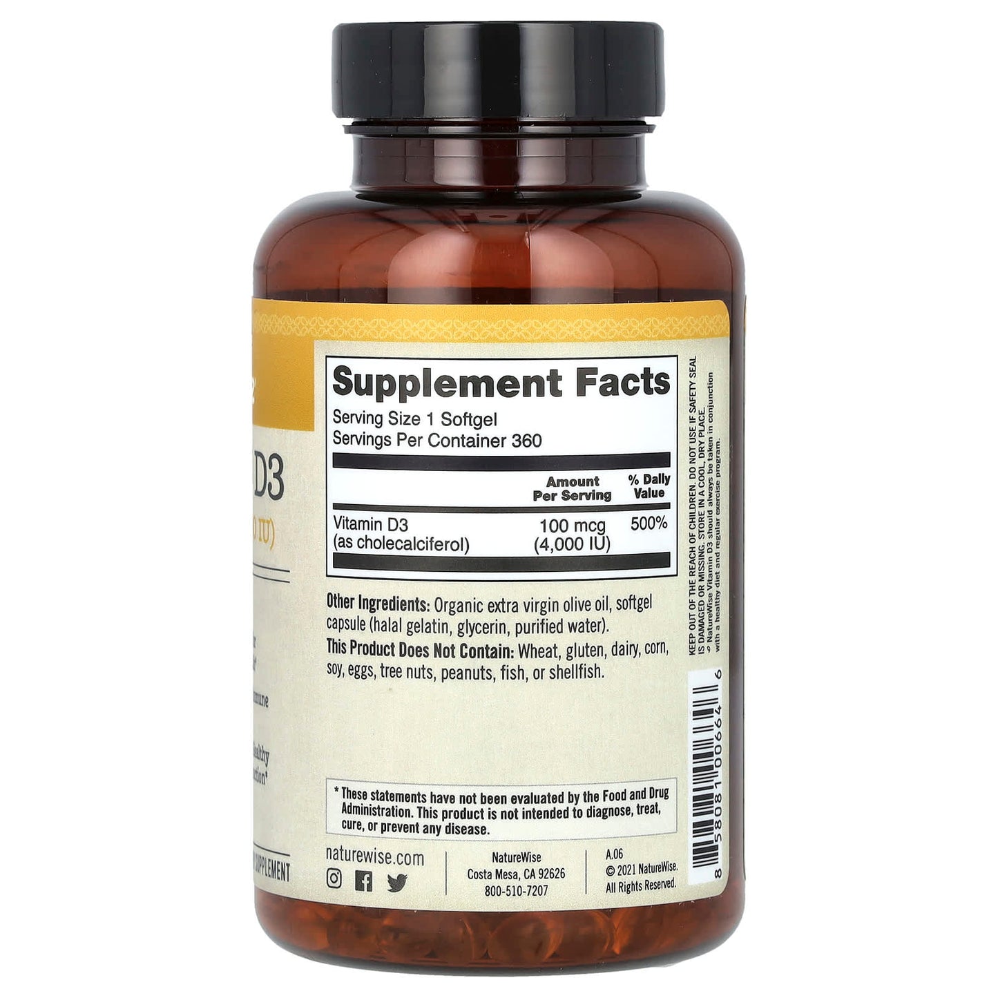 NatureWise, Vitamin D3, 100 mcg (4,000 IU), 360 Softgels - Image 2