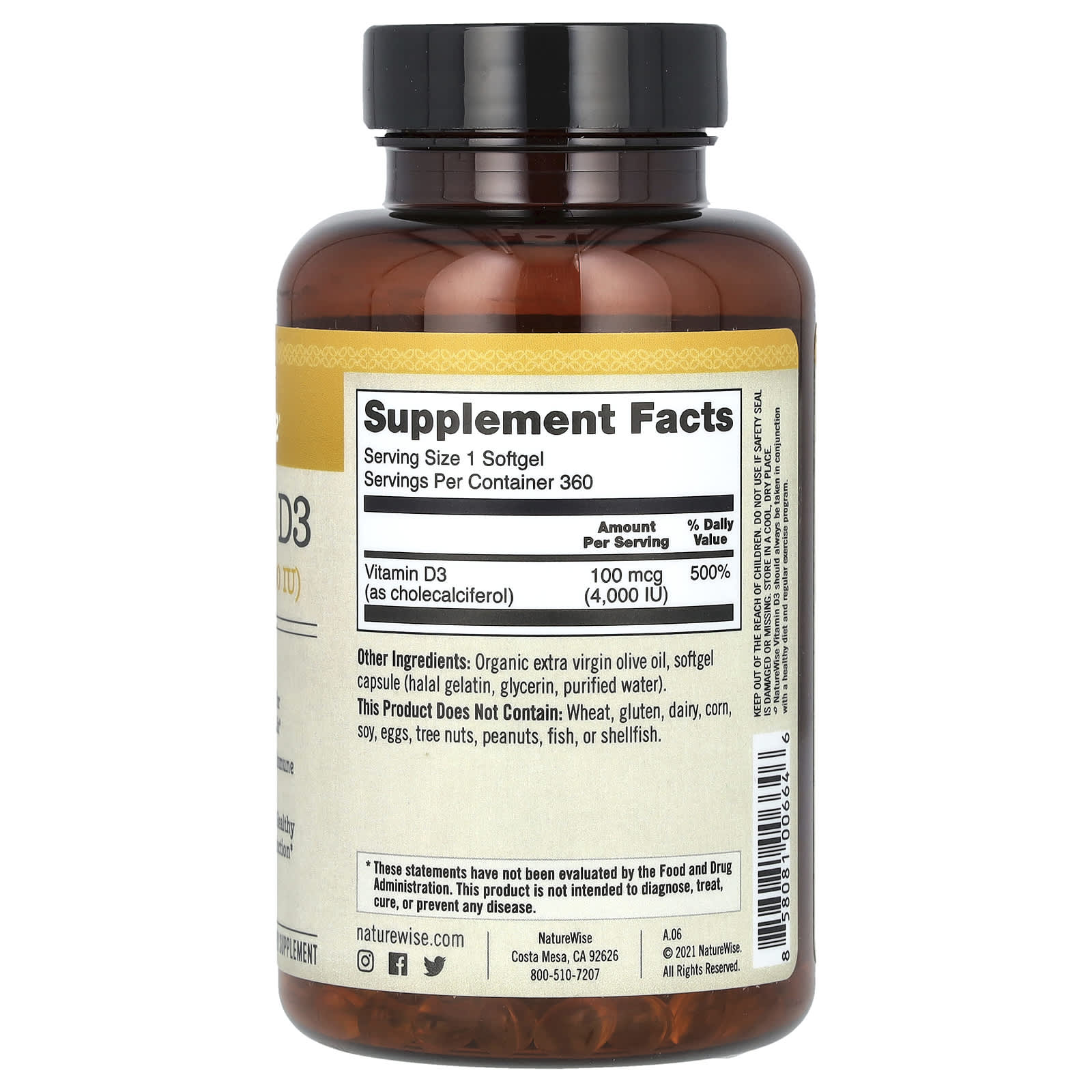 NatureWise, Vitamin D3, 100 mcg (4,000 IU), 360 Softgels - Image 2