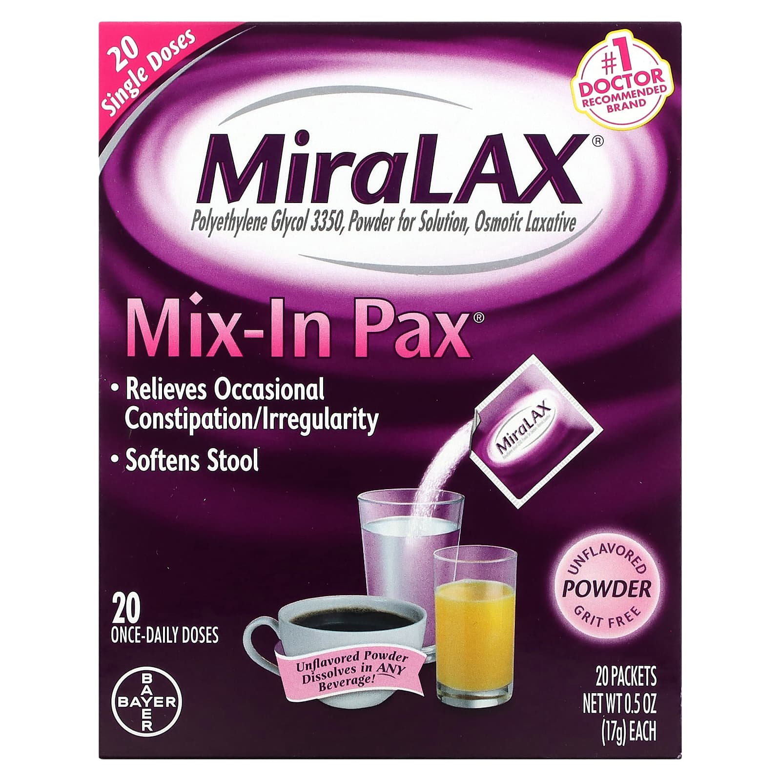 MiraLAX, Mix-In Pack, Grit Free , Unflavored, 20 Packets 0.5 oz (17 g) Each - Image 1