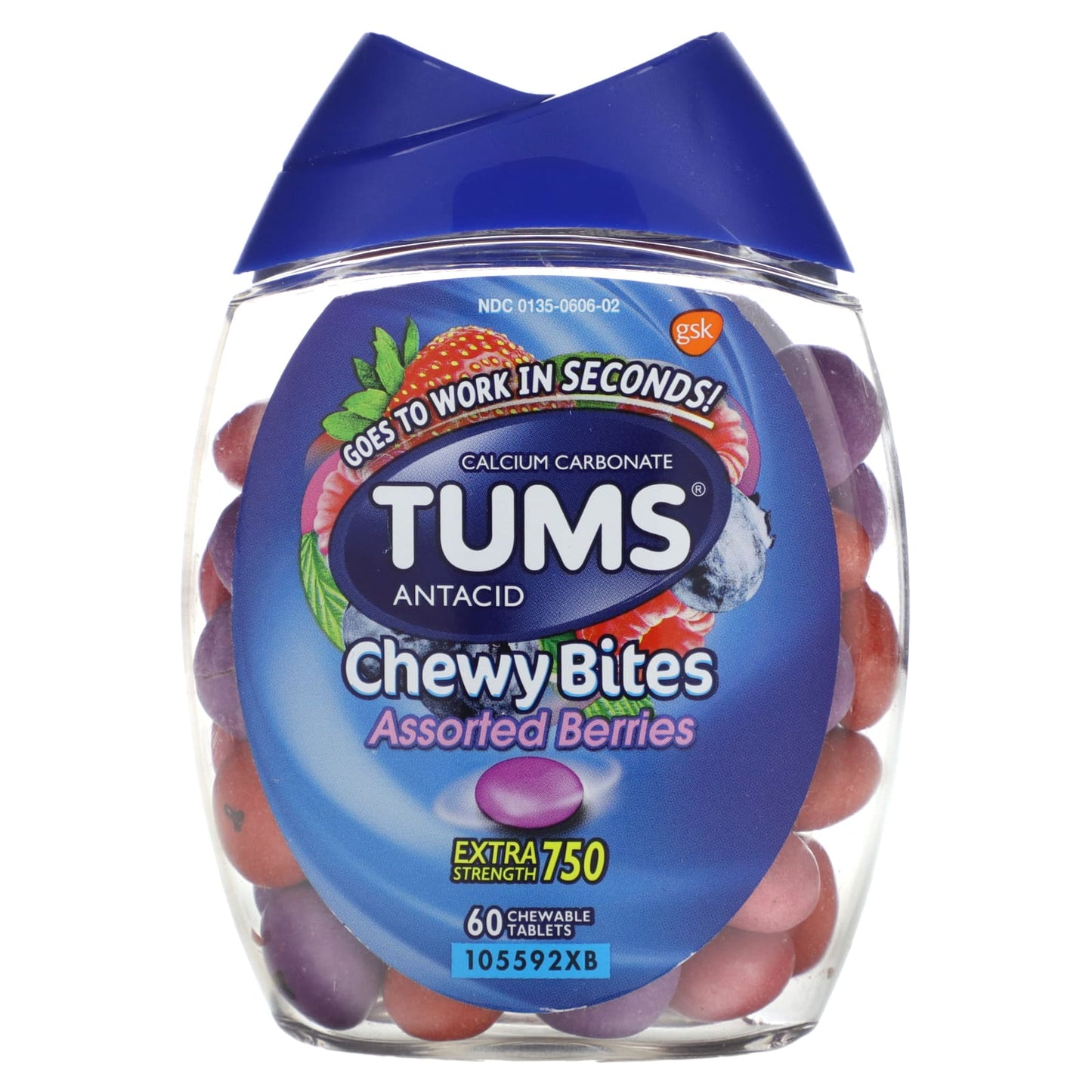 Tums, Extra Strength Antacid, Chewy Bites, Assorted Berries, 750 mg, 60 Chewable Tablets - Image 1