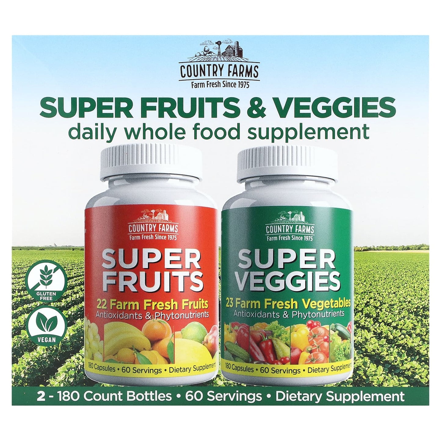 Country Farms Super Fruits & Veggies Supplement, 2 Pack, 360 Capsules - Image 1
