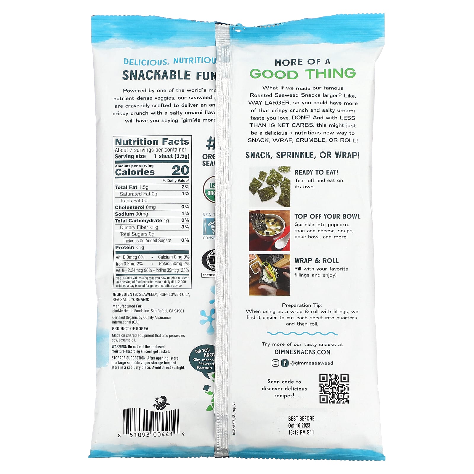 gimMe, Roasted Seaweed, Big Sheets, Sea Salt, 0.92 oz (26 g)