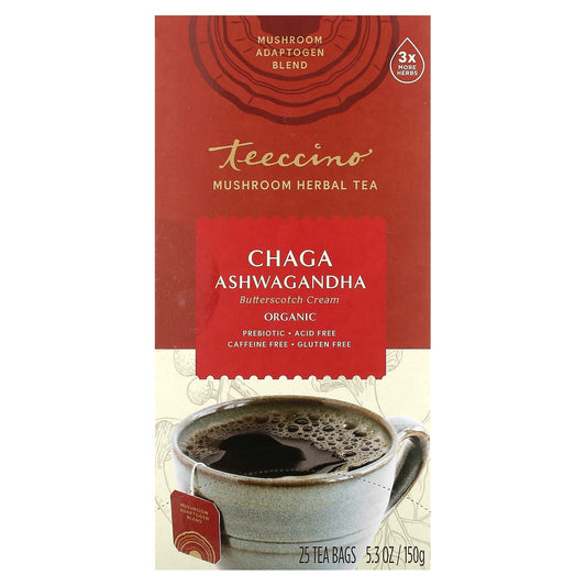 Teeccino, Organic Mushroom Herbal Tea, Chaga Ashwagandha, Butterscotch Cream, Caffeine Free, 25 Tea Bags, 5.3 oz (150 g) - Image 1