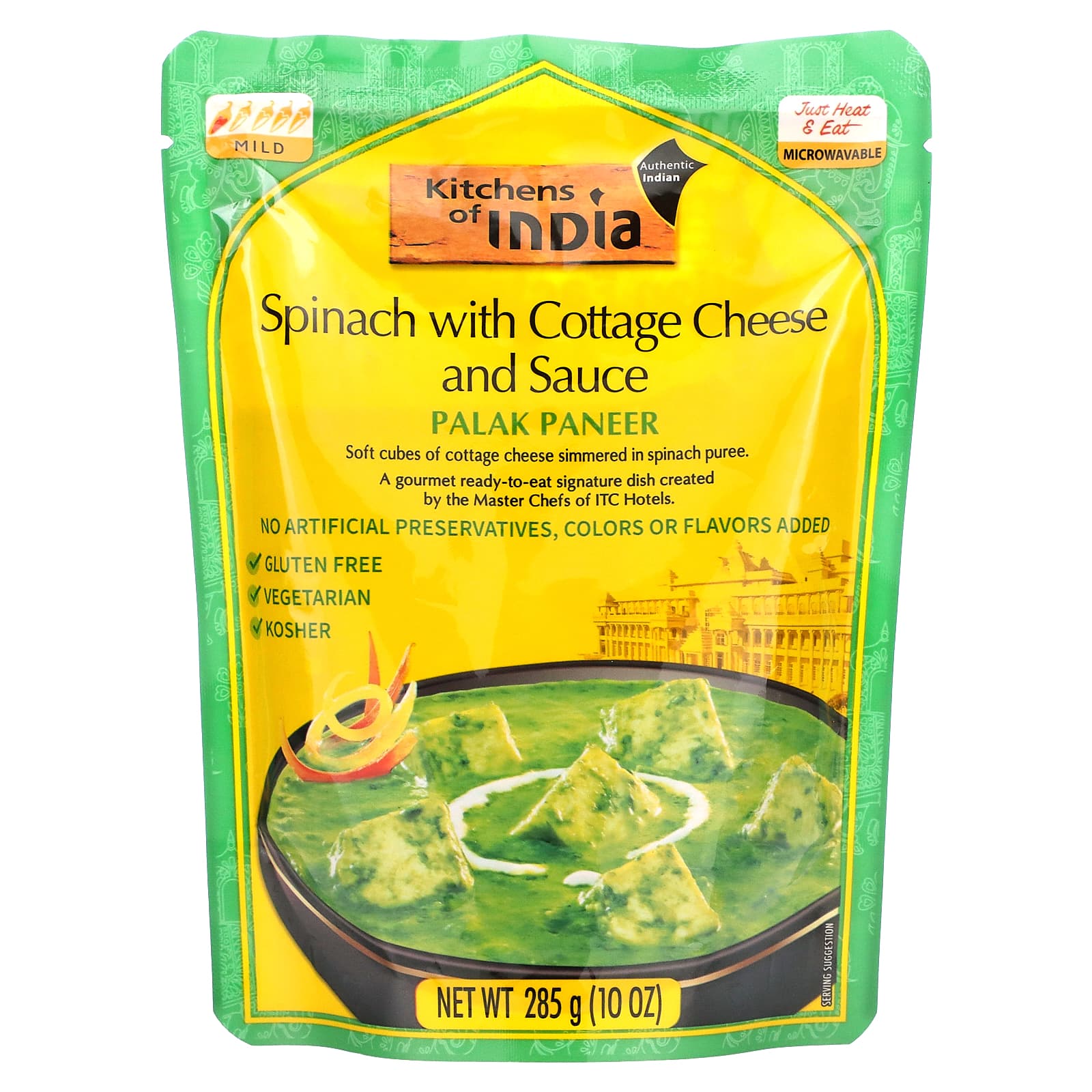 Kitchens of India, Palak Paneer, Spinach with Cottage Cheese and Sauce, Mild, 10 oz (285 g) - Image 1
