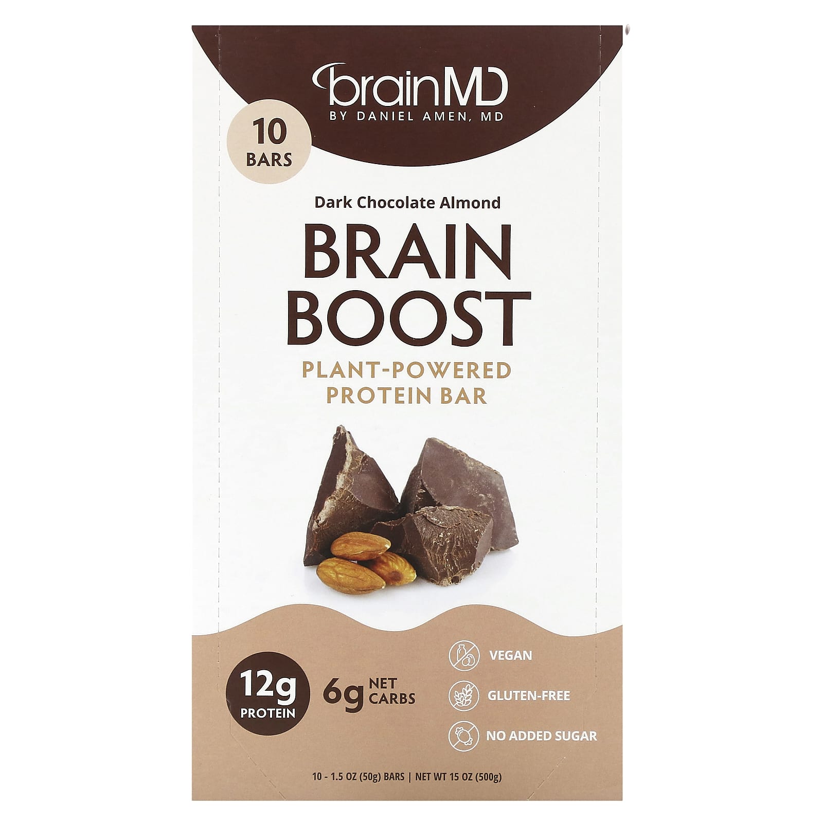 BrainMD Brain Boost Dark Chocolate Almond Protein Bars - 12g Protein, Vegan, Gluten-Free - Image 1