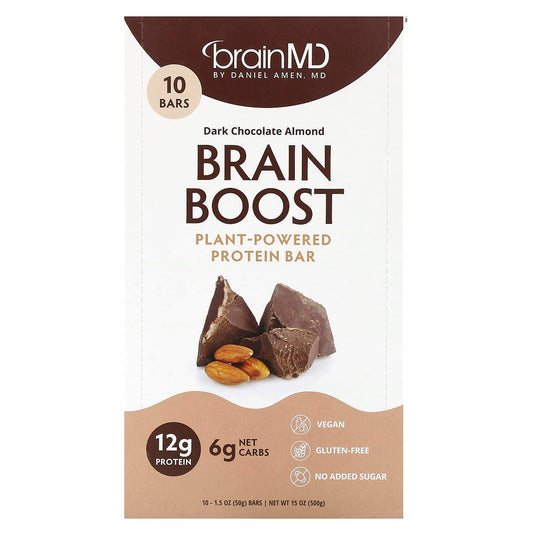 BrainMD Brain Boost Dark Chocolate Almond Protein Bars - 12g Protein, Vegan, Gluten-Free - Image 1