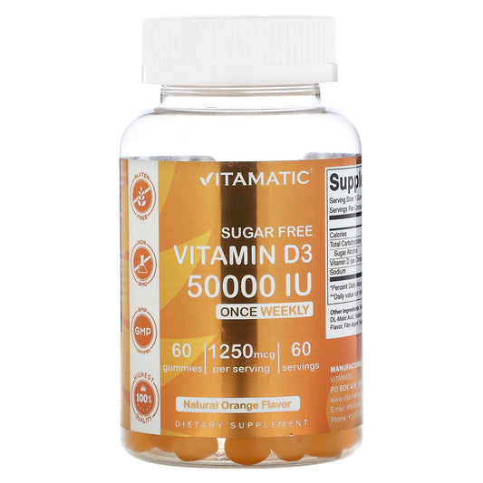 Vitamatic, Sugar Free Vitamin D3, Natural Orange, 50,000 IU, 60 Gummies - Image 1