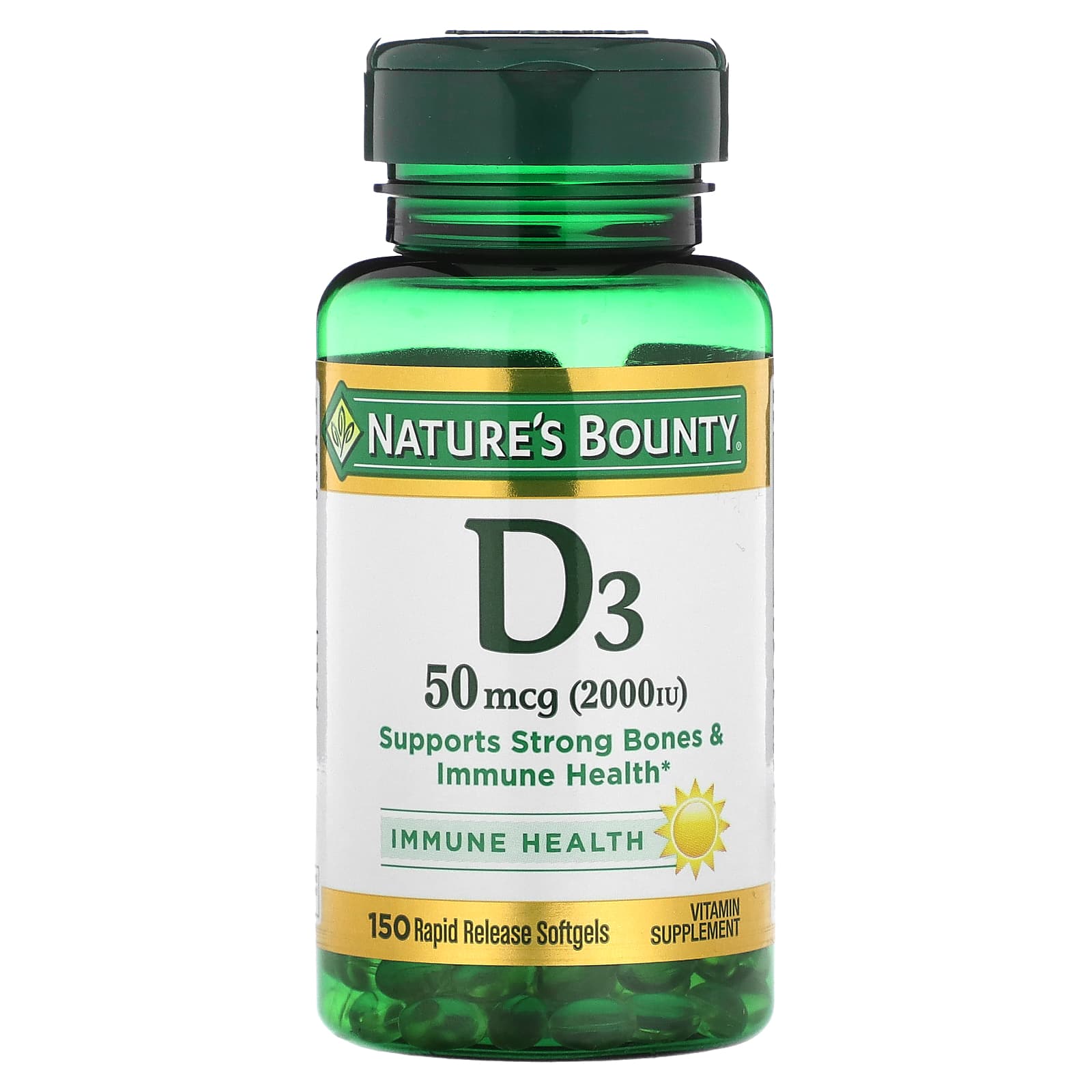 Nature's Bounty, D3 , 50 mcg (2,000 IU), 150 Rapid Release Softgels - Image 1