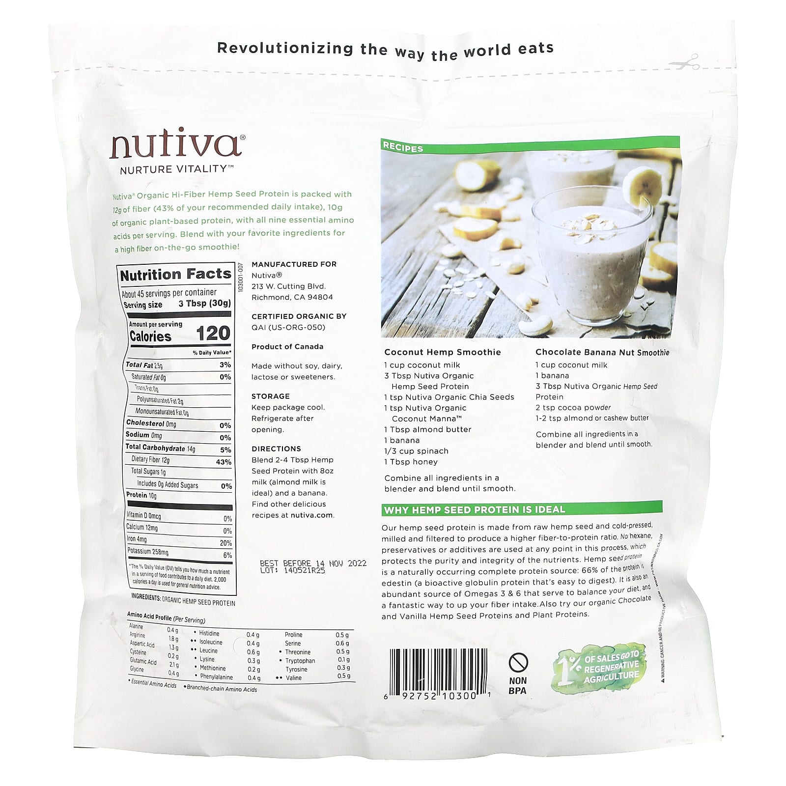 Nutiva, Organic Hemp Seed Protein, 3 lbs (1.36 kg) - Image 2